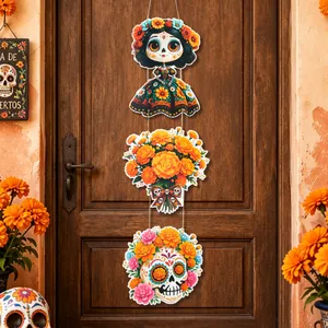 Day of the Dead skull door hanger with marigold and Catrina cutouts for Mexican festival party