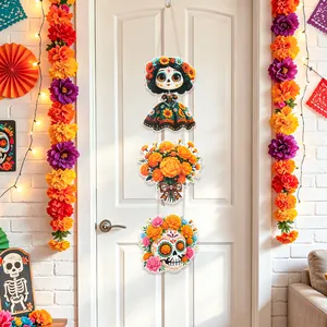 Day of the Dead hanging door decorations featuring vibrant skeletons and marigold flowers
