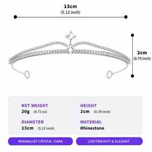 Detailansicht eines minimalistischen Kristall-Tiaras mit Maßen und Gewichtsangaben.