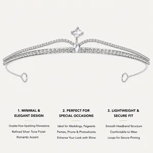Detailansicht des silberfarbenen Braut-Tiaras mit zweireihigen Strasssteinen und Zirkonia.