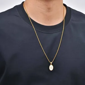 Minimalist gold stainless steel oval white shell pendant necklace with initial K