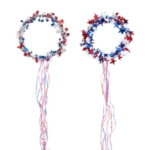 Patriotic red white and blue star wreath headbands with long streamers for Independence Day