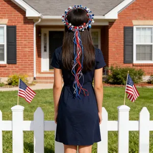 Detail view of patriotic star headband with red white and blue streamers for USA holiday.