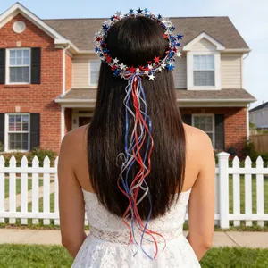 Back view of patriotic star wreath with long ribbons for Independence Day celebration