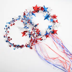 Detail of Independence Day star headbands with patriotic red, white and blue ribbons.