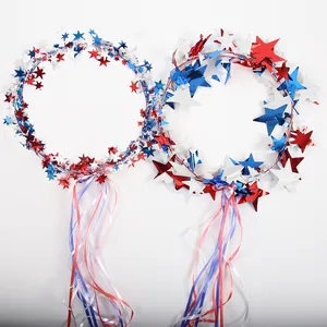 Close-up detail of two patriotic star headbands with long ribbons for Independence Day
