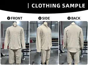 Front, side, and back views of a men's beige linen blend long sleeve shirt and shorts set.