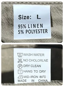 Close-up of garment care label for men's linen beach set showing size L and material