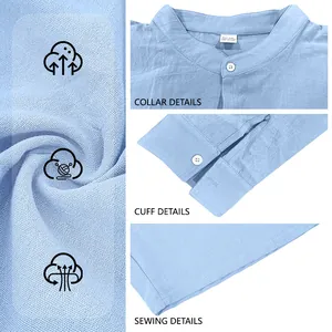 Close-up of the collar, cuff, and stitching details on a light blue men's linen shirt.