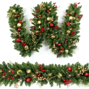 Premium 2.7m Christmas garland with red berries gold ornaments and warm LED lights