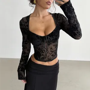 Haut En Maille Dentelle À Flocage Floral Pour Femmes Manches Longues Court Slim Fit Col En V Lacé Sexy Streetwear