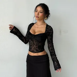 Haut court sexy en dentelle noire avec imprimé floqué et manches longues pour femmes