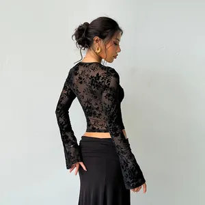 Haut court sexy pour femme imprimé floral floqué manches longues coupe ajustée chic