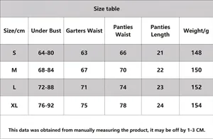 Comprehensive size chart for black lace lingerie set with measurements in centimeters