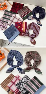 Collection de foulards carrés en soie rétro aux motifs variés pour cou et cheveux.