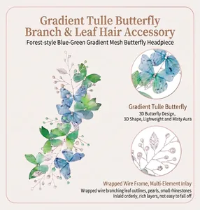 Vue détaillée d'un accessoire de cheveux style forêt avec papillons et perles fines