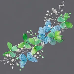Serre-tête fée style forêt fait main avec papillons verts et bleus et perles blanches