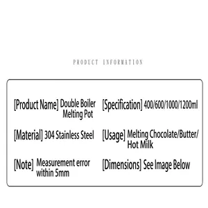 Detailed technical specifications of a 304 stainless steel chocolate melting pot.