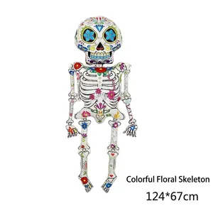Large Day of the Dead floral skeleton foil balloon for Halloween party, 124x67cm.