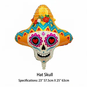 Detail view of a Day of the Dead sugar skull balloon wearing a floral sombrero