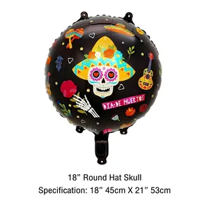 Detailed view of Día de los Muertos foil balloon featuring sugar skull and guitar patterns