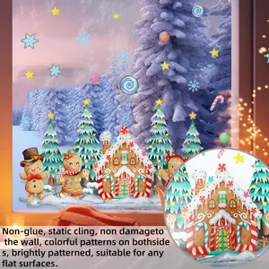 Detailed macro view of colorful gingerbread house and tree static cling window stickers