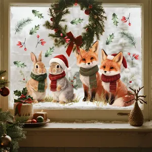 Festive Christmas static window stickers featuring adorable foxes and rabbits with scarves.