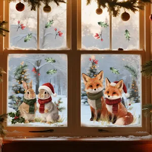 Festive Christmas window stickers with cute rabbits and foxes in Santa hats and scarves.