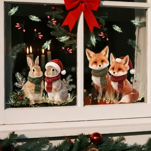 Christmas window static stickers featuring cute foxes and rabbits in festive Santa hats