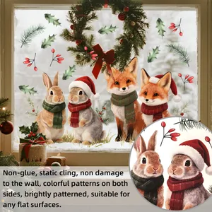 Detail showing festive fox and bunny static cling window stickers with rich colors.