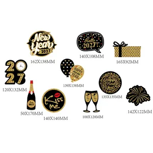 Detailed dimensions for 2027 New Year party decoration props in black and gold theme