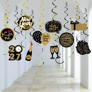 Happy New Year Hanging Swirl Decorations Black Gold Sparkle Cardboard Ceiling Decor For Eve Party Celebration