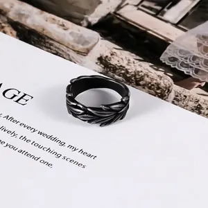 Premium vintage men's titanium steel ring featuring an oxidized wheat ear relief pattern