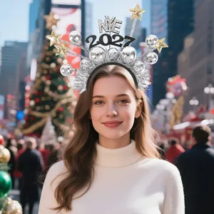 Close-up of 2027 silver disco ball headband with gold stars for NYE party decoration