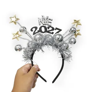 Silver disco ball New Year 2027 headband decoration with glittery gold stars for NYE parties