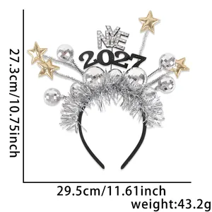 Festive silver 2027 New Year party headband featuring disco balls and gold stars decor