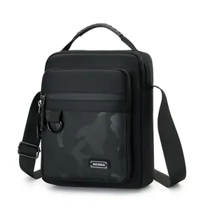 Black multi-functional men's messenger bag with camouflage front pocket and top handle