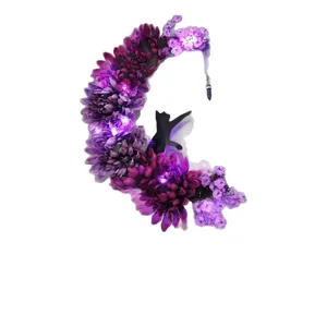 Purple crescent moon wreath with black cat silhouette and crystal for Halloween decor