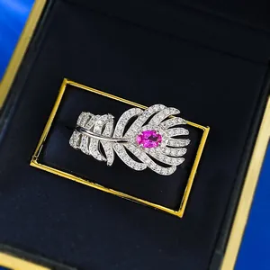 Exquisite S925 silver feather ring featuring a pink gemstone and full pavé setting