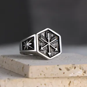 Men Retro Hexagonal Stainless Steel Crossed Arrow Signet Ring Gothic Vintage Blackened Titanium Steel Punk Biker Finger Jewelry