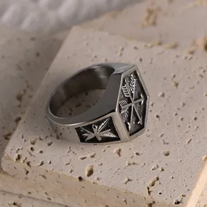 Retro punk titanium steel ring featuring Cupid's Arrow and starburst engraving patterns.