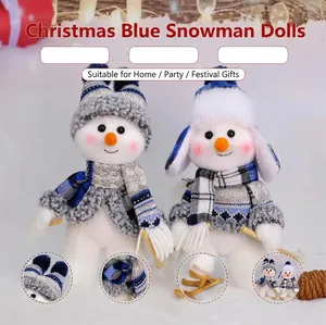 Blue Knit Fabric Skiing Snowman Plush Doll Christmas Ornament With Wooden Skis Cartoon Winter Holiday Desktop Decoration Gift