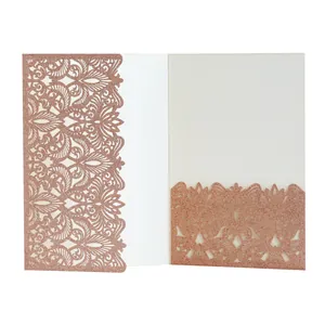 Inside view of rose gold glitter laser-cut invitation card with a pocket detail.