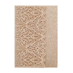 Macro detail showing the fine texture and laser-cut pattern of the rose gold glitter card.