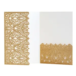 Detailed view of the laser-cut gold glitter wedding invitation card with hollow pattern.