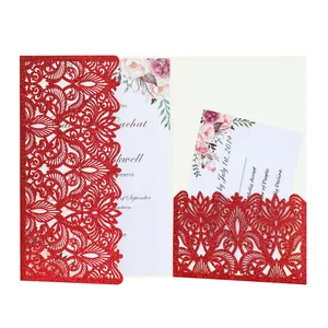European Laser Cut Hollow Wedding Invitation Cards With Glitter Pearl Paper Floral Lace Design For Engagement Ceremony
