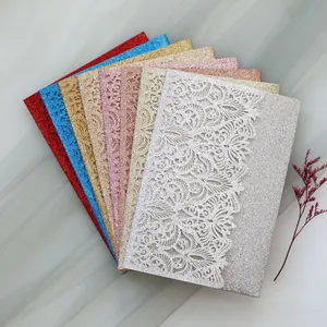 Detailed view of glitter laser-cut greeting cards in multiple elegant color options