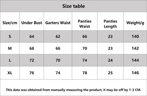 Size guide for embroidery mesh lingerie set with bust and waist measurements in cm and g.