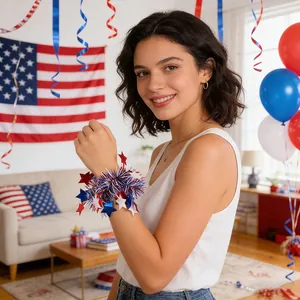 Model wearing a red, white, and blue patriotic star tinsel wrist flower decoration