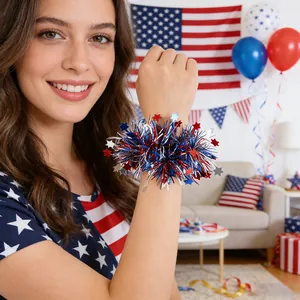 Patriotic red white and blue tinsel wrist flower with stars for Independence Day party